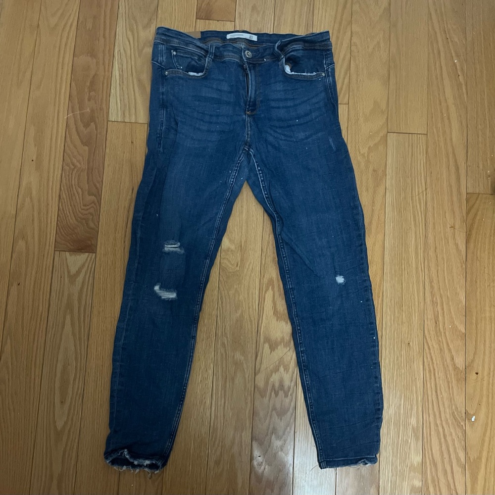 Zara Distressed High Waisted Blue Skinny Jeans